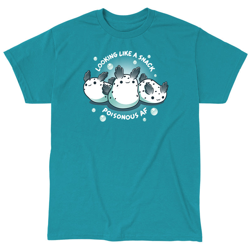 Classic Cotton T-shirt_TeeTurtle Poisonous AF tropical blue t-shirt featuring three sea bunnies, accompanied by the text "LOOKING LIKE A SNACK POISONOUS AF."