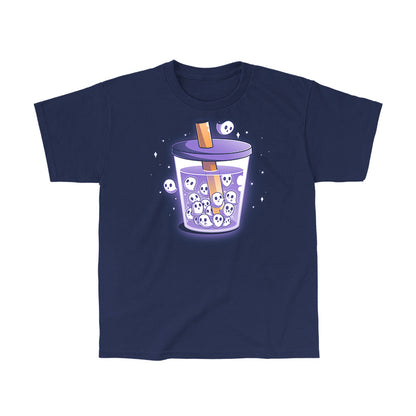 Classic Cotton T-shirt_TeeTurtle navy blue Poltergeist Pearls apparel featuring a cup of boba tea with ghosts instead of boba pearls.