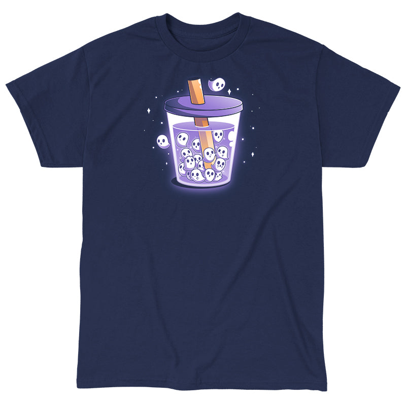 Classic Cotton T-shirt_TeeTurtle navy blue Poltergeist Pearls apparel featuring a cup of boba tea with ghosts instead of boba pearls.