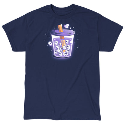 Classic Cotton T-shirt_TeeTurtle navy blue Poltergeist Pearls apparel featuring a cup of boba tea with ghosts instead of boba pearls.