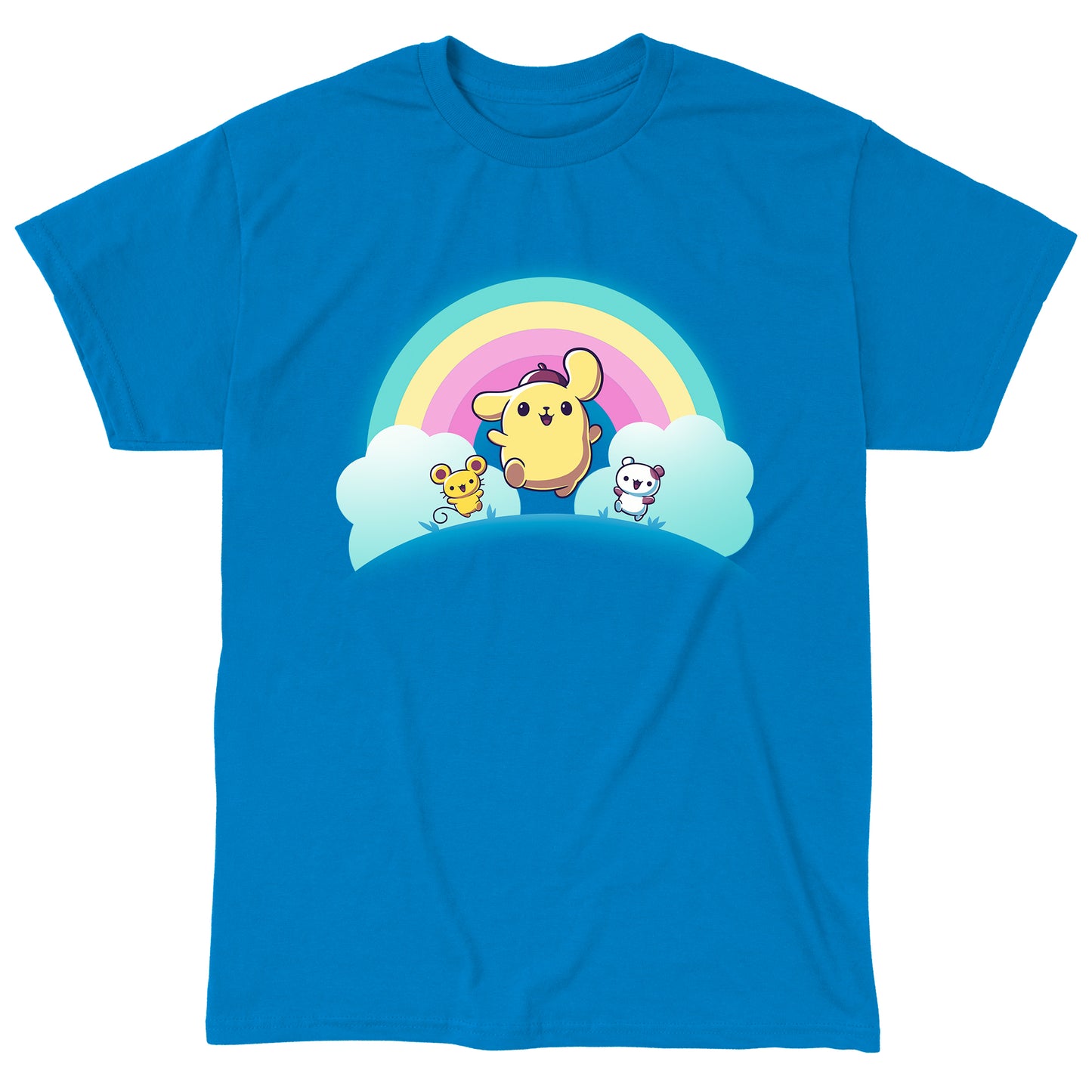 Classic Cotton T-shirt_TeeTurtle sapphire blue Pompompurin, Scone, and Muffin apparel featuring Pompompurin, Scone, and Muffin skipping on a field with a rainbow that has clouds at its ends in the background.