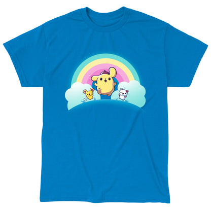 Classic Cotton T-shirt_TeeTurtle sapphire blue Pompompurin, Scone, and Muffin apparel featuring Pompompurin, Scone, and Muffin skipping on a field with a rainbow that has clouds at its ends in the background.
