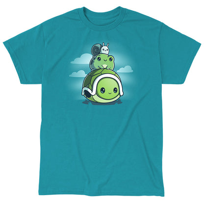 Classic Cotton T-shirt_TeeTurtle Pond Pals tropical blue t-shirt featuring a turtle with a frog sitting on its shell and a snail on top of the frog.