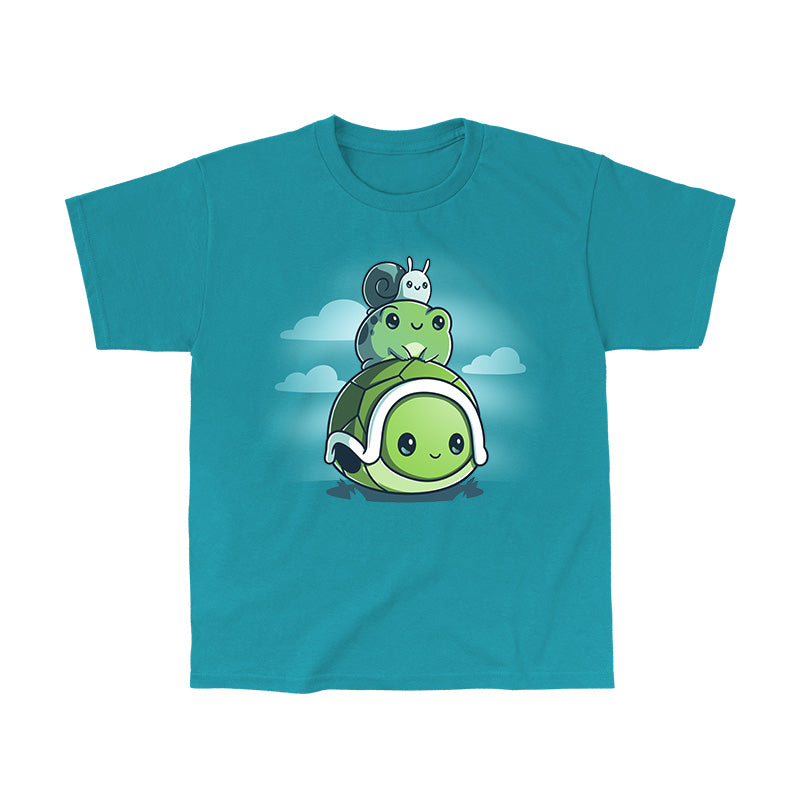 Classic Cotton T-shirt_TeeTurtle Pond Pals tropical blue t-shirt featuring a turtle with a frog sitting on its shell and a snail on top of the frog.