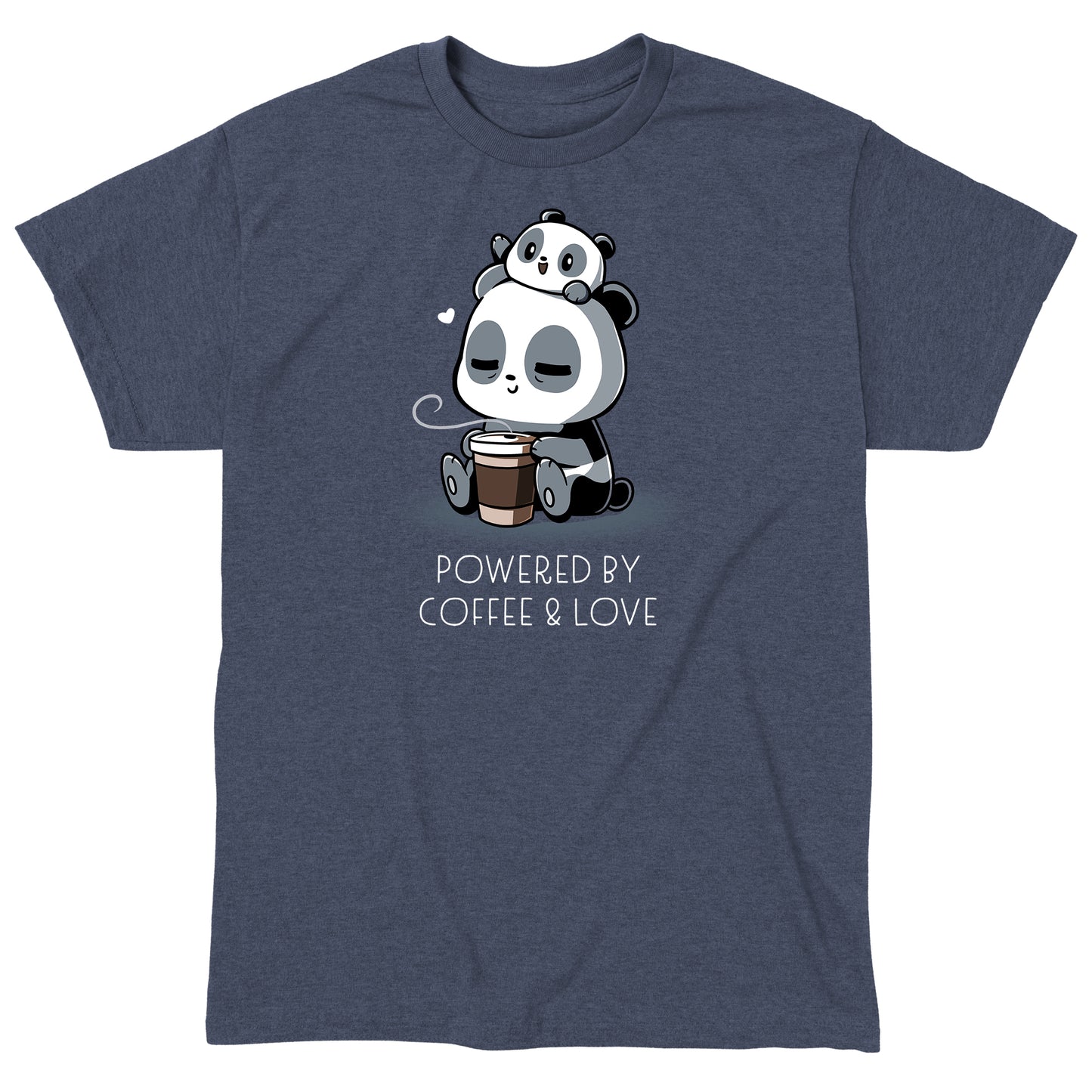 Classic Cotton T-shirt_Teeturtle Powered by Coffee & Love heather navy t-shirt featuring a sleepy panda holding a coffee cup with a smaller panda on its head. Text below reads, "Powered by Coffee & Love." 