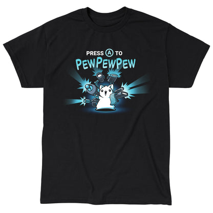 Classic Cotton T-shirt_TeeTurtle black Press A to PEWPEWPEW apparel featuring a cat holding a lot of guns.