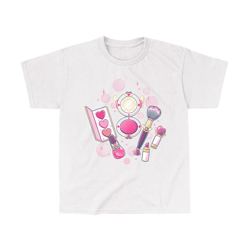 Classic Cotton T-shirt_TeeTurtle Pretty in Pink white t-shirt featuring an illustrated mini makeup set featuring a blush brush, compact mirror, eyeshadow palette, lipstick, and nail polish, all surrounded by decorative pink sparkles and hearts in a magical set. 