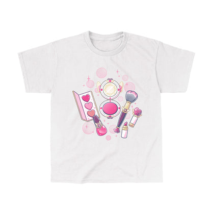 Classic Cotton T-shirt_TeeTurtle Pretty in Pink white t-shirt featuring an illustrated mini makeup set featuring a blush brush, compact mirror, eyeshadow palette, lipstick, and nail polish, all surrounded by decorative pink sparkles and hearts in a magical set. 