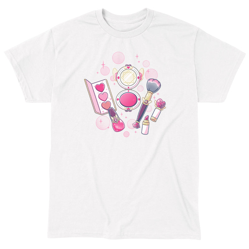 Classic Cotton T-shirt_TeeTurtle Pretty in Pink white t-shirt featuring an illustrated mini makeup set featuring a blush brush, compact mirror, eyeshadow palette, lipstick, and nail polish, all surrounded by decorative pink sparkles and hearts in a magical set. 