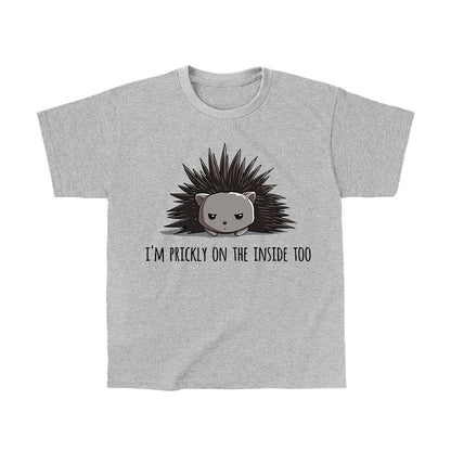 Classic Cotton T-shirt_TeeTurtle Prickly on the Inside heather gray t-shirt featuring a grey porcupine looking slightly annoyed with the text "I'm prickly on the inside too" below in this sarcastic animal design. 