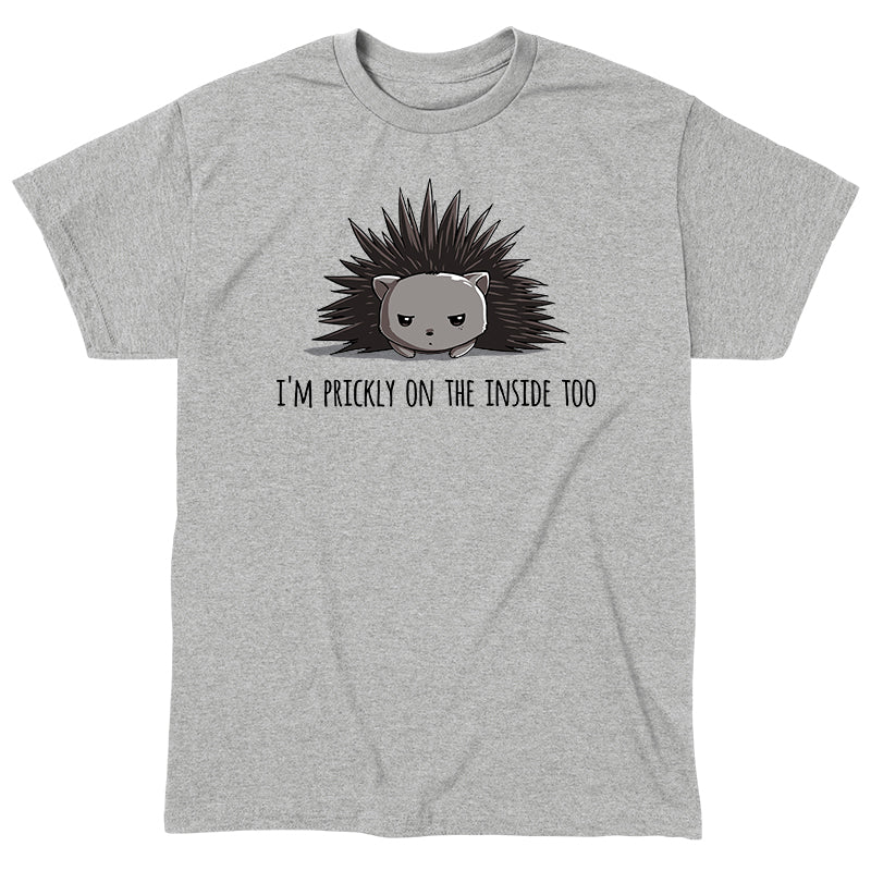 Classic Cotton T-shirt_TeeTurtle Prickly on the Inside heather gray t-shirt featuring a grey porcupine looking slightly annoyed with the text "I'm prickly on the inside too" below in this sarcastic animal design. 