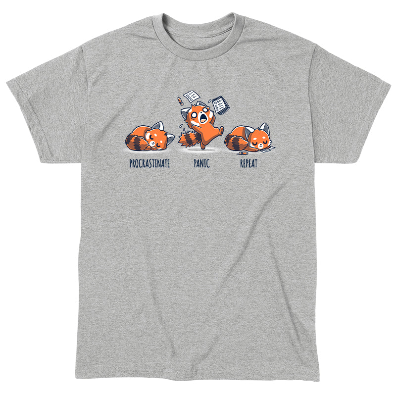 Classic Cotton T-shirt_TeeTurtle Procrastinate. Panic. Repeat. Heather Gray t-shirt featuring an illustrated sequence of a red panda first procrastinating, then panicking with papers flying, and finally repeating the cycle while asleep with a pencil nearby. 