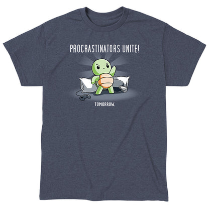 Classic Cotton T-shirt_TeeTurtle Procrastinators Unite! (Tomorrow) heather navy t-shirt featuring a green turtle standing on pillows with a game controller nearby, and text that reads, "Procrastinators Unite! Tomorrow."