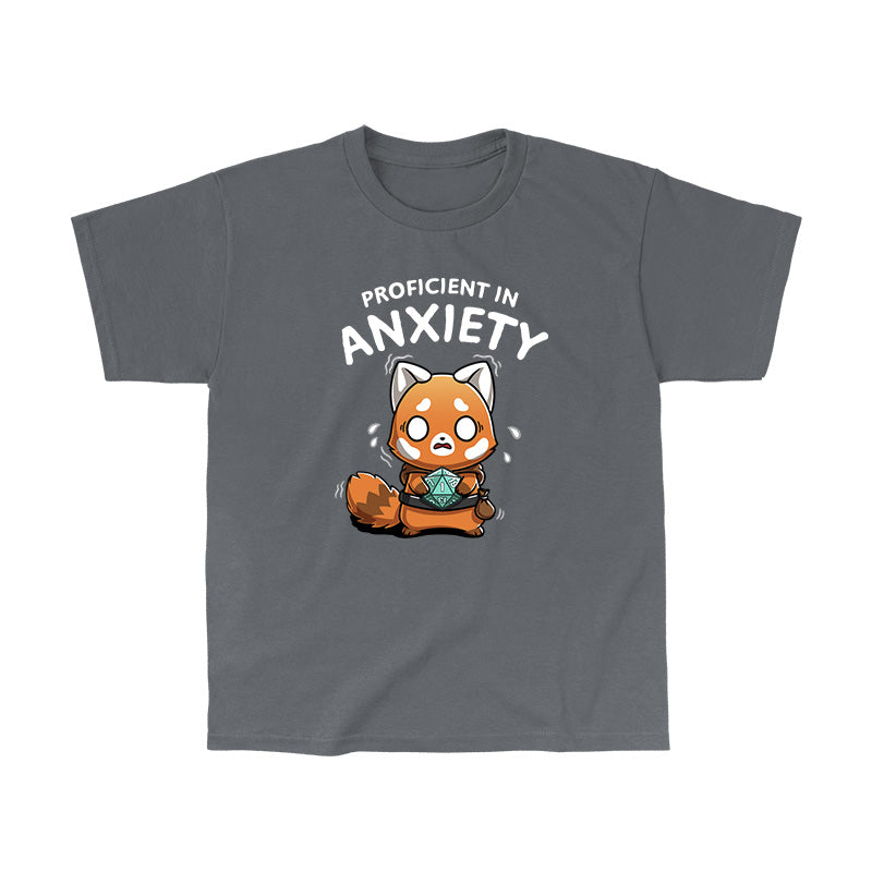 Classic Cotton T-shirt_TeeTurtle charcoal gray Proficient in Anxiety apparel featuring an anxious red panda adventurer holding a D20 that’s rolled a 1.