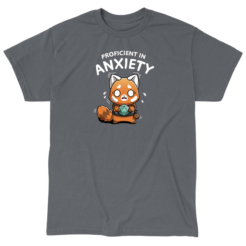 Classic Cotton T-shirt_TeeTurtle charcoal gray Proficient in Anxiety apparel featuring an anxious red panda adventurer holding a D20 that’s rolled a 1.