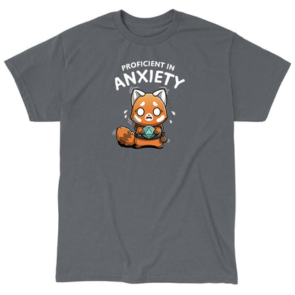 Classic Cotton T-shirt_TeeTurtle charcoal gray Proficient in Anxiety apparel featuring an anxious red panda adventurer holding a D20 that’s rolled a 1.