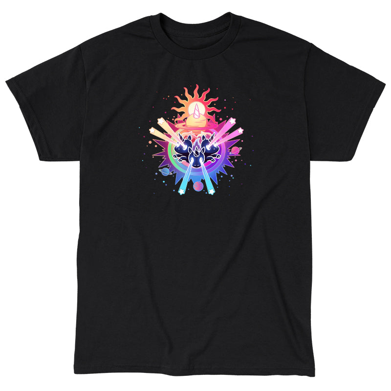 Classic Cotton T-shirt_TeeTurtle black Psychedelic Unicorns. Featuring unicorns shooting star-shaped lasers out of their eyes surrounded by psychedelic galactic elements.