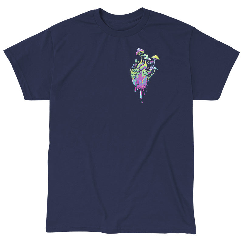 Classic Cotton T-shirt_TeeTurtle Psychedelic at Heart navy blue t-shirt featuring an illustration of a heart colored with pastel shades of pink, green, purple and blue that have a marbling effect, with colorful cartoonish mushrooms and green plants and foliage growing from the dripping heart.