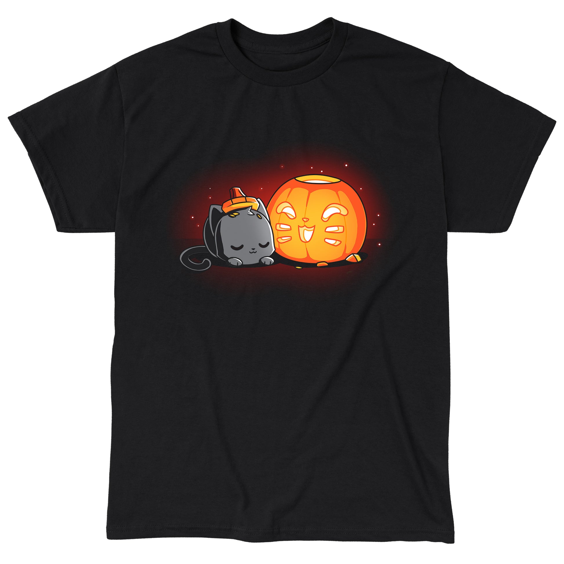 Classic Cotton T-shirt_TeeTurtle Pumpkin Carver black t-shirt featuring a cat sleeping next to a cute Halloween jack-o-lantern