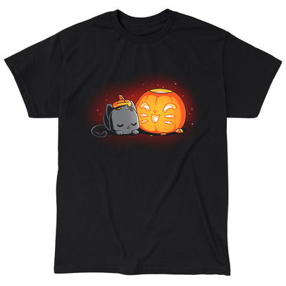 Classic Cotton T-shirt_TeeTurtle Pumpkin Carver black t-shirt featuring a cat sleeping next to a cute Halloween jack-o-lantern