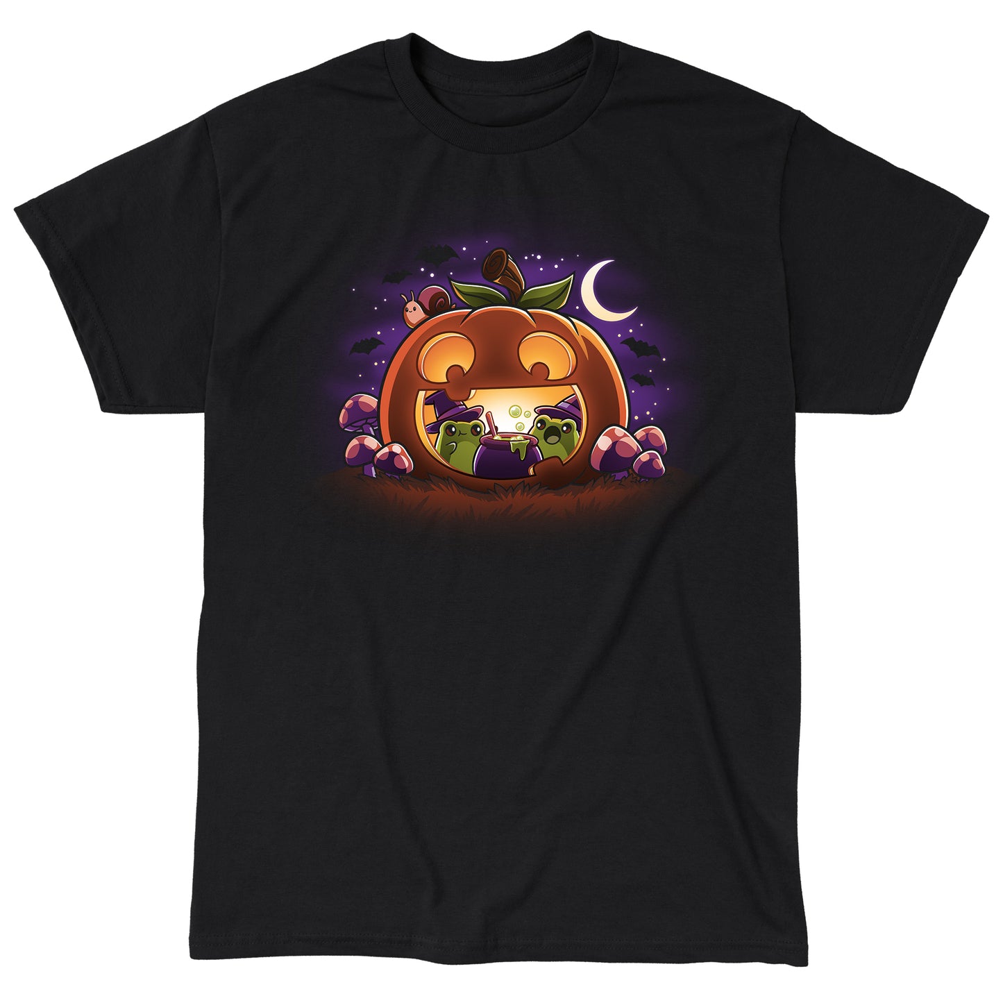 Classic Cotton T-shirt_TeeTurtle Pumpkin Frog Witches black t-shirt featuring two frogs wearing witch hats brewing a cauldron of potion inside of a happy Halloween jack-o-lantern.