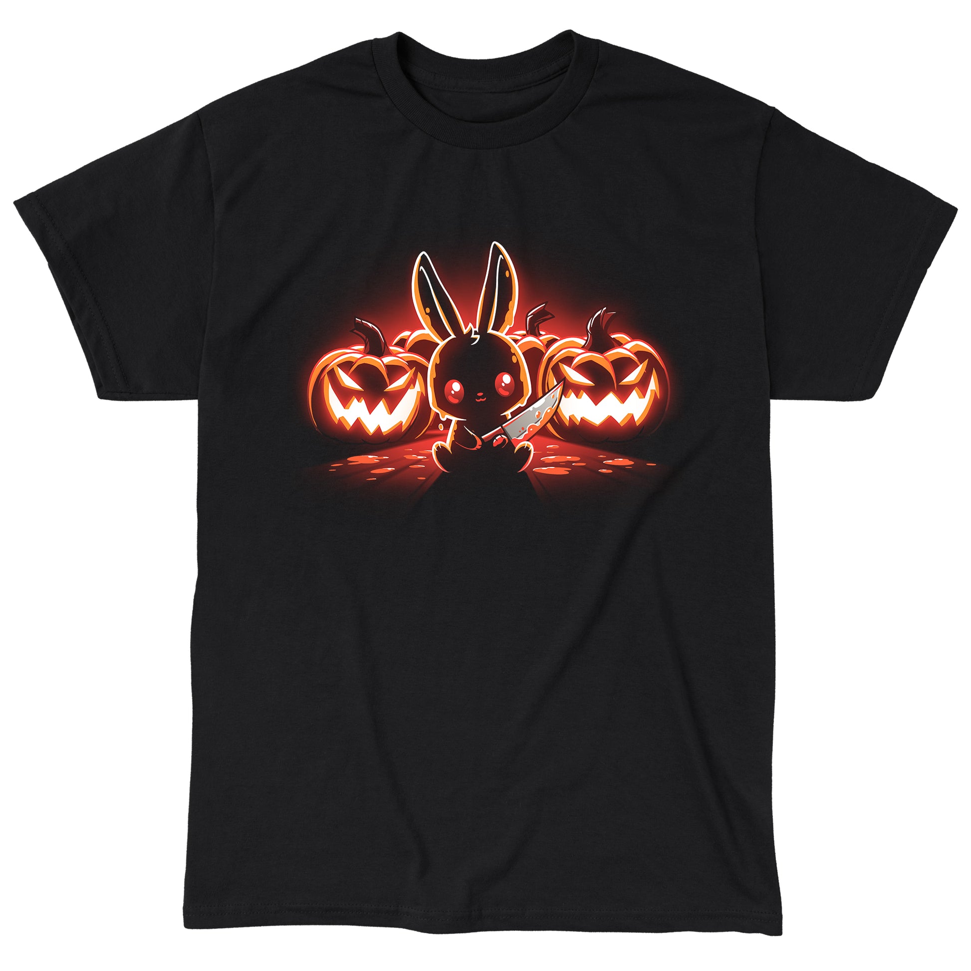 Classic Cotton T-shirt_TeeTurtle Pumpkin Murderer black t-shirt featuring a cute bunny holding a knife sitting in front of carved jack-o'-lanterns, illuminated by a glowing red light.