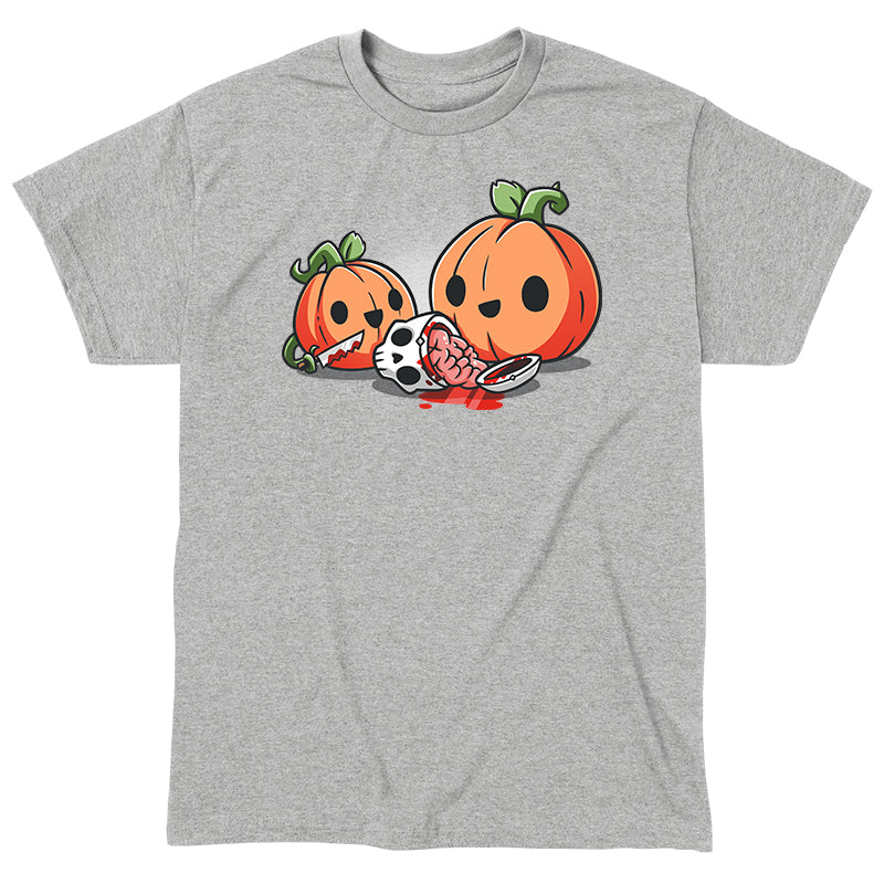 Classic Cotton T-shirt_TeeTurtle Pumpkin Carving silver gray t-shirt featuring cheerful pumpkins carving a human skull.