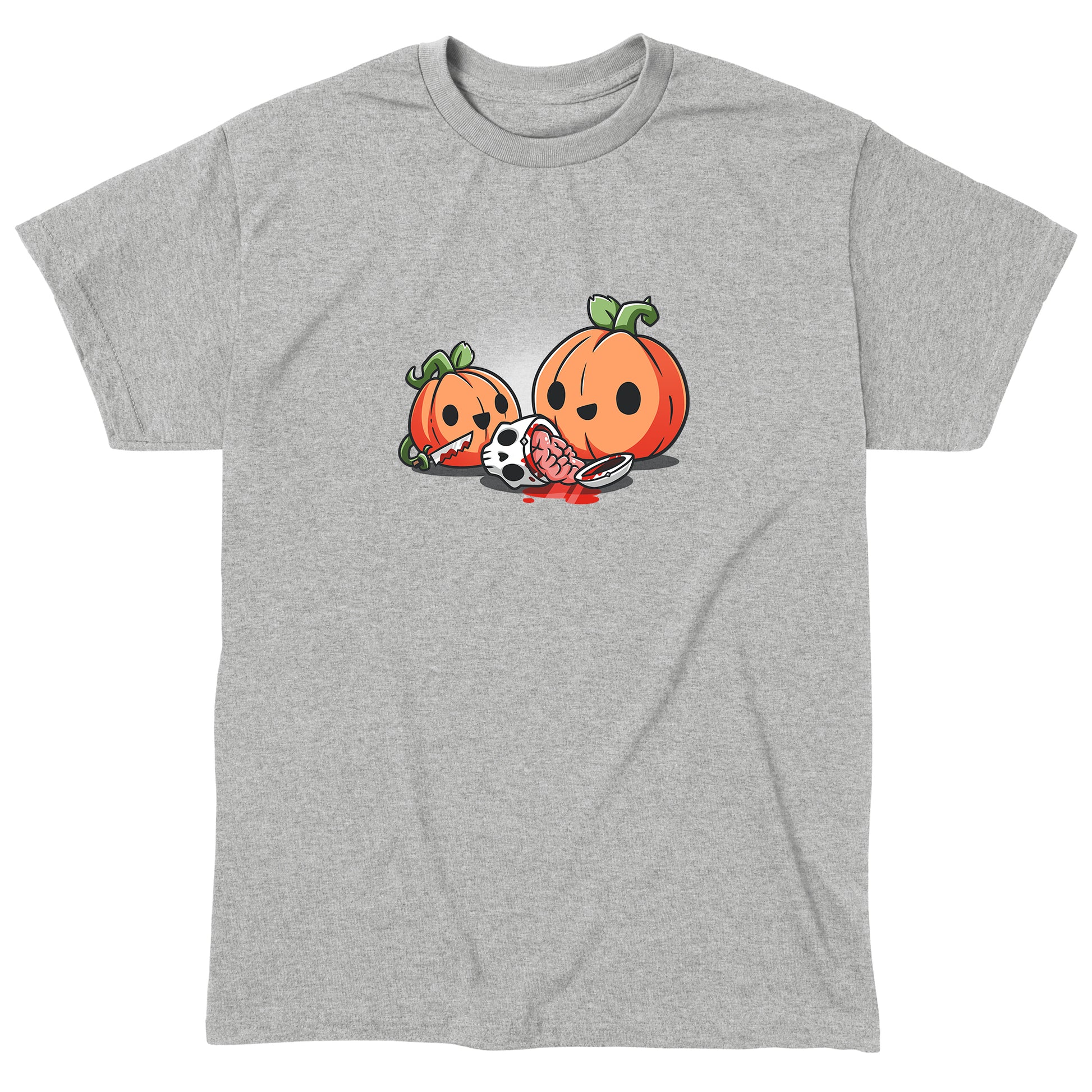 Classic Cotton T-shirt_TeeTurtle Pumpkin Carving silver gray t-shirt featuring cheerful pumpkins carving a human skull.