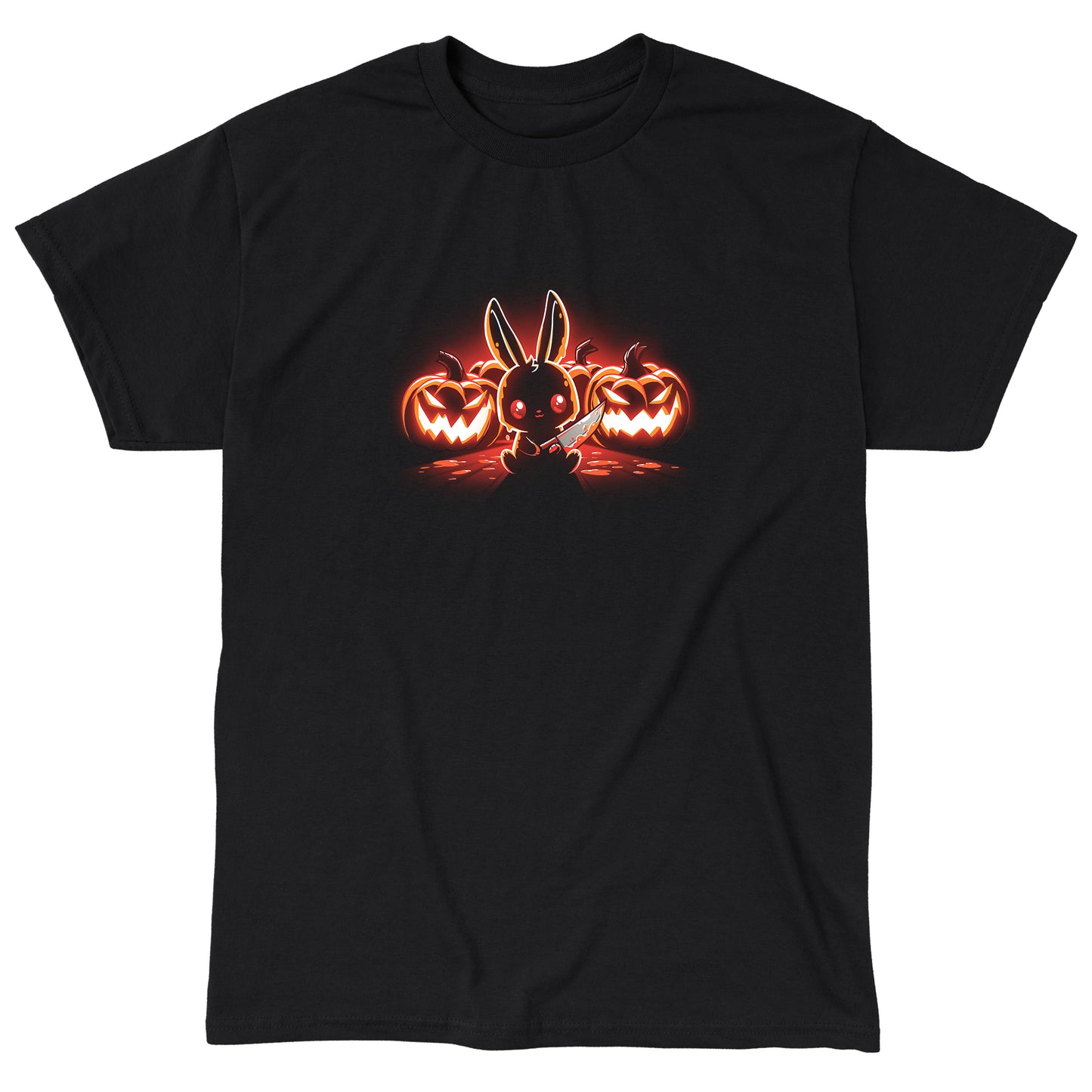 Classic Cotton T-shirt_TeeTurtle Pumpkin Murderer black t-shirt featuring a cute bunny holding a knife sitting in front of carved jack-o'-lanterns, illuminated by a glowing red light.