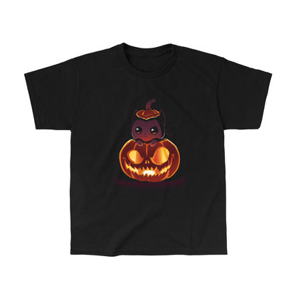 Classic Cotton T-shirt_TeeTurtle black Pumpkitten. Featuring a cat popping out of a spooky jack-o-lantern pumpkin.