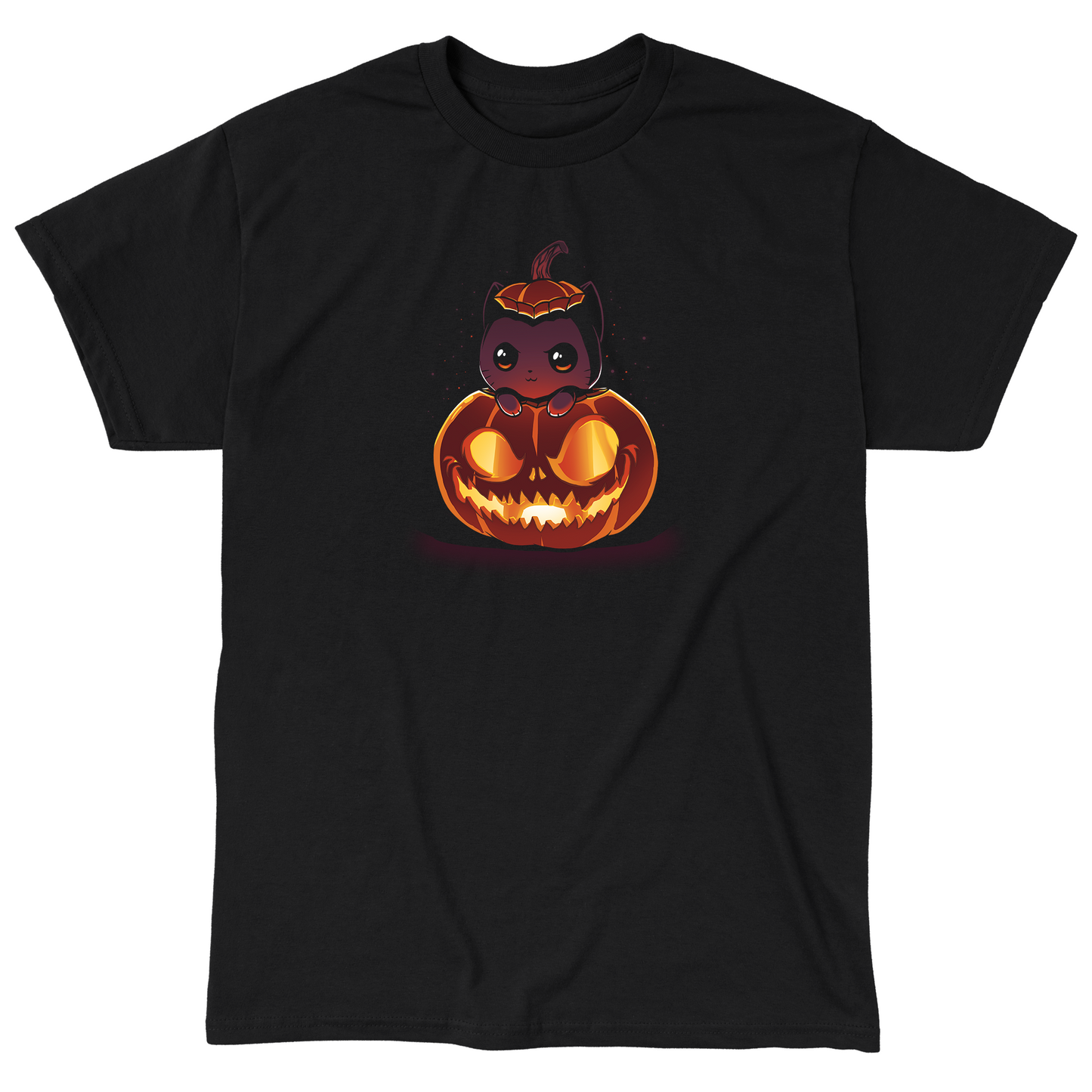 Classic Cotton T-shirt_TeeTurtle black Pumpkitten. Featuring a cat popping out of a spooky jack-o-lantern pumpkin.