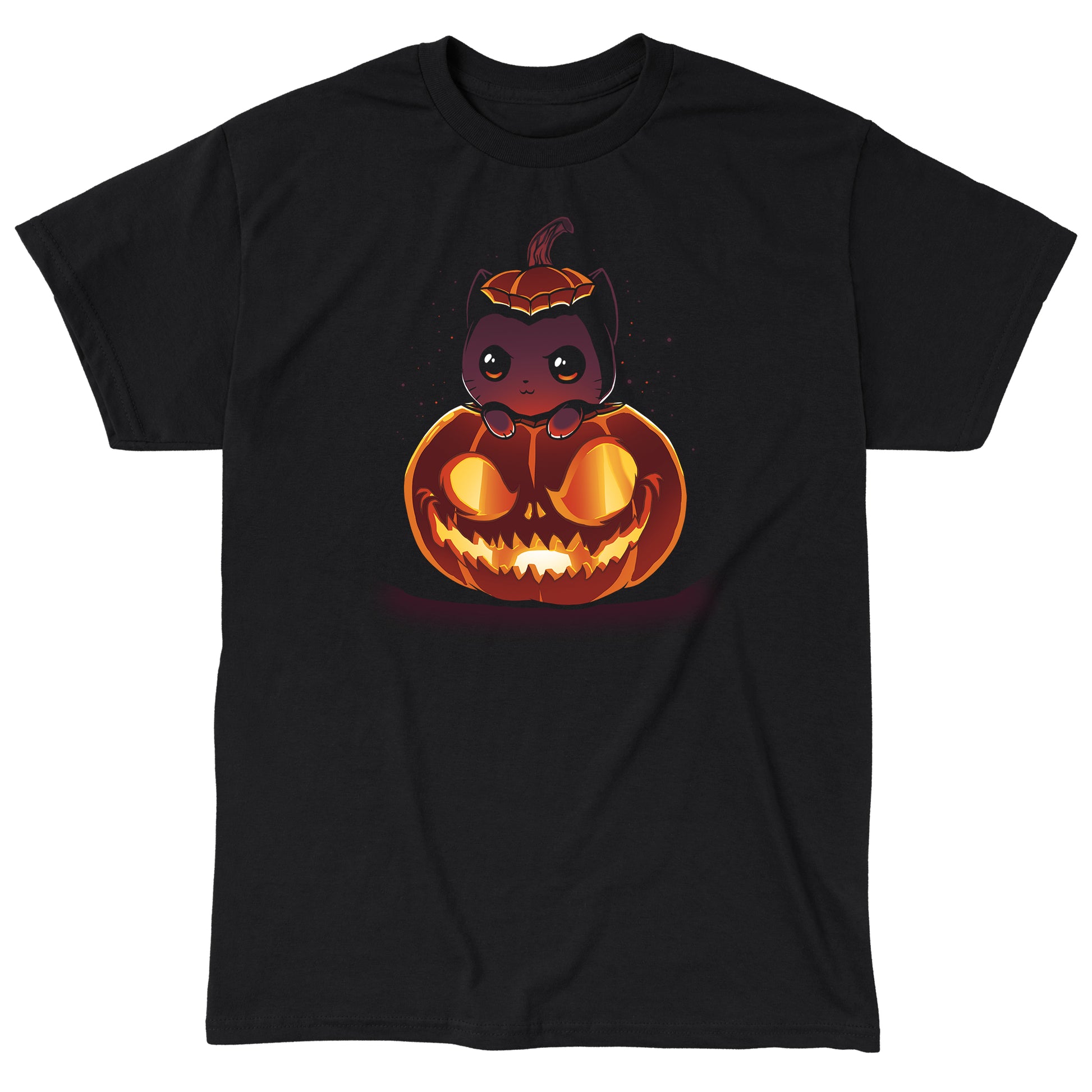 Classic Cotton T-shirt_TeeTurtle black Pumpkitten. Featuring a cat popping out of a spooky jack-o-lantern pumpkin.