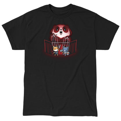 Classic Cotton T-shirt_TeeTurtle Puppet Master black t-shirt featuring an illustration of a cartoon panda smiling evilly and standing behind a puppet  theater holding a fox puppet with a sword in the left hand and a cat with an axe and shield in the right hand. The illustration is being illuminated by a red glow.