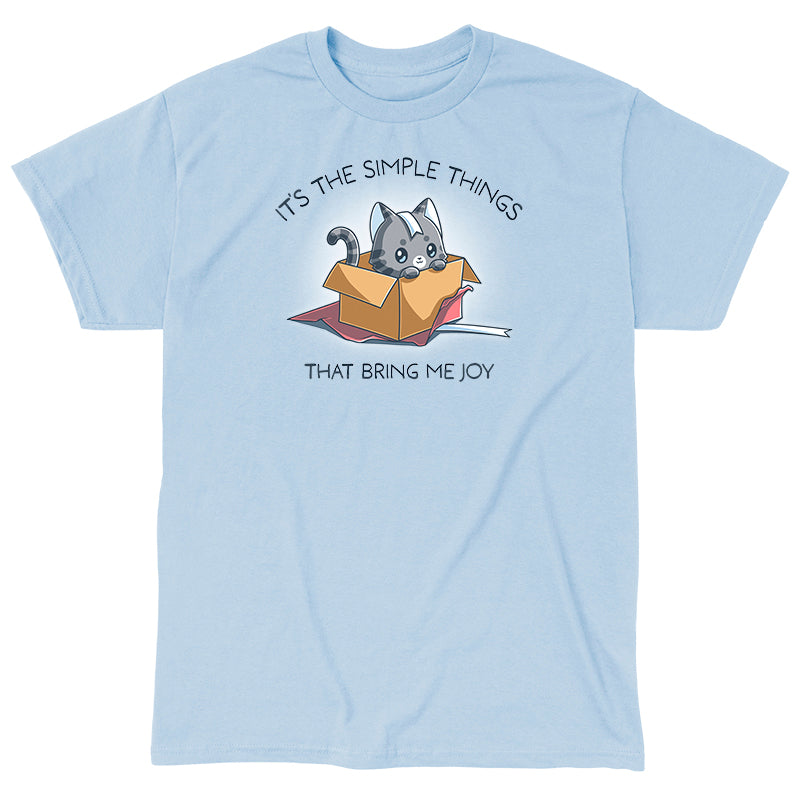 Classic Cotton T-shirt_TeeTurtle light blue Purr Box of Joy apparel featuring a gray cat in an unwrapped box with wrapping paper and ribbons, and the caption, “It’s the Simple Things That Bring Me Joy“.