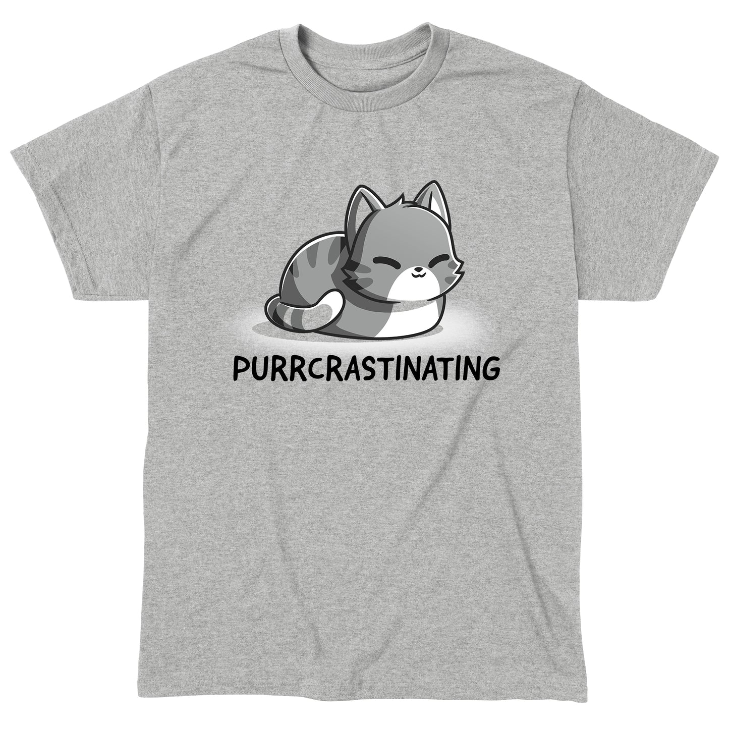 Classic Cotton T-shirt_TeeTurtle Purrcrastinating Heather Gray t-shirt featuring a grayscale illustration of a cat with closed eyes.