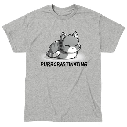 Classic Cotton T-shirt_TeeTurtle Purrcrastinating Heather Gray t-shirt featuring a grayscale illustration of a cat with closed eyes.