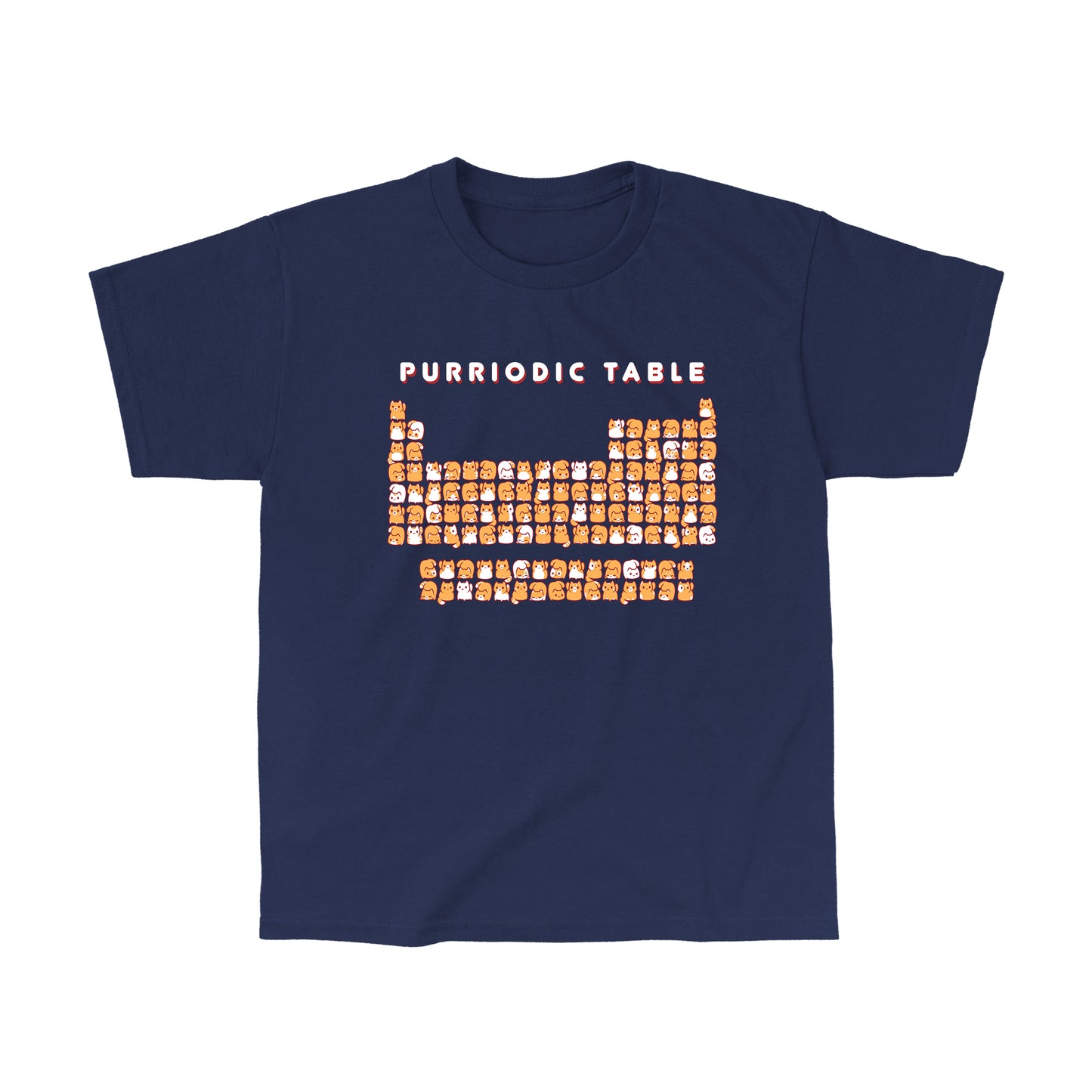 Classic Cotton T-shirt_TeeTurtle Purriodic Table navy blue t-shirt featuring a periodic table chart with elements represented by cats.