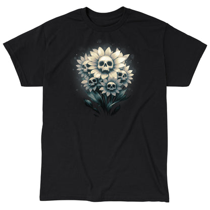 Classic Cotton T-shirt_TeeTurtle black Pushing Up Daisies featuring a bouquet of blooming daisies with skulls in the middle of each flower.