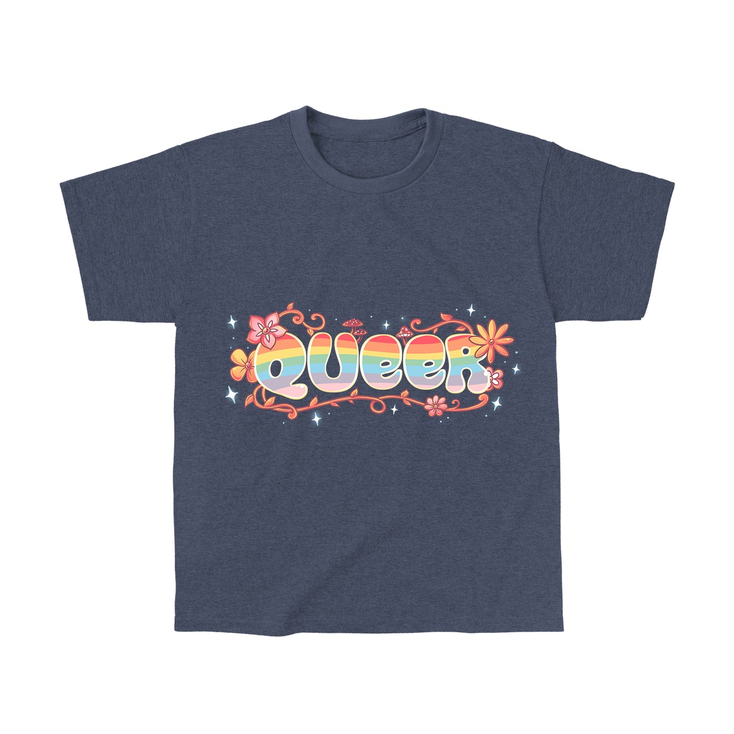 Classic Cotton T-shirt_TeeTurtle Queer heather navy t-shirt featuring an artistic "queer" word filled with rainbows and surrounded by flowers, vines, and mushrooms.