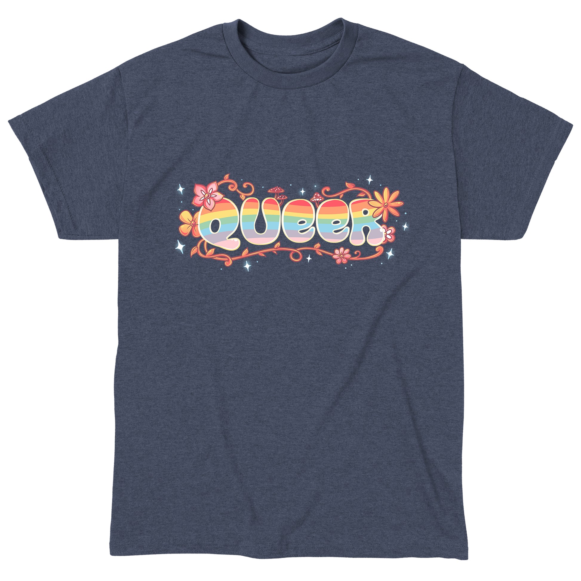 Classic Cotton T-shirt_TeeTurtle Queer heather navy t-shirt featuring an artistic "queer" word filled with rainbows and surrounded by flowers, vines, and mushrooms.