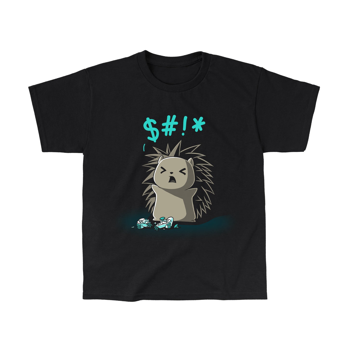 Classic Cotton T-shirt_TeeTurtle black Ragequit. Featuring an angry hedgehog with a broken video game controller.