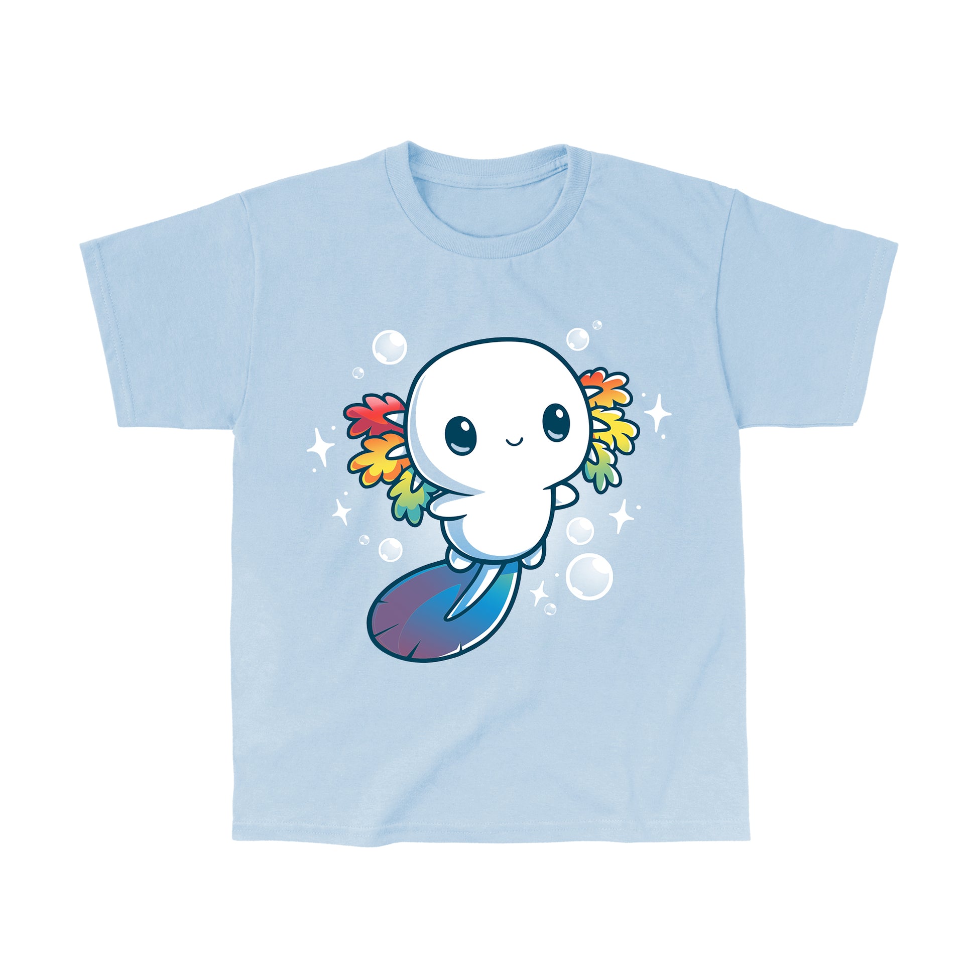 Classic Cotton T-shirt_TeeTurtle Rainbow Axolotl light blue t-shirt featuring an illustration of a smiling white axolotl with rainbow fins and gradient blue tail surrounded by stars and bubbles.