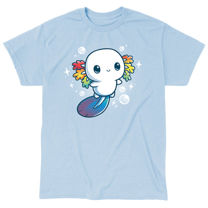 Classic Cotton T-shirt_TeeTurtle Rainbow Axolotl light blue t-shirt featuring an illustration of a smiling white axolotl with rainbow fins and gradient blue tail surrounded by stars and bubbles.