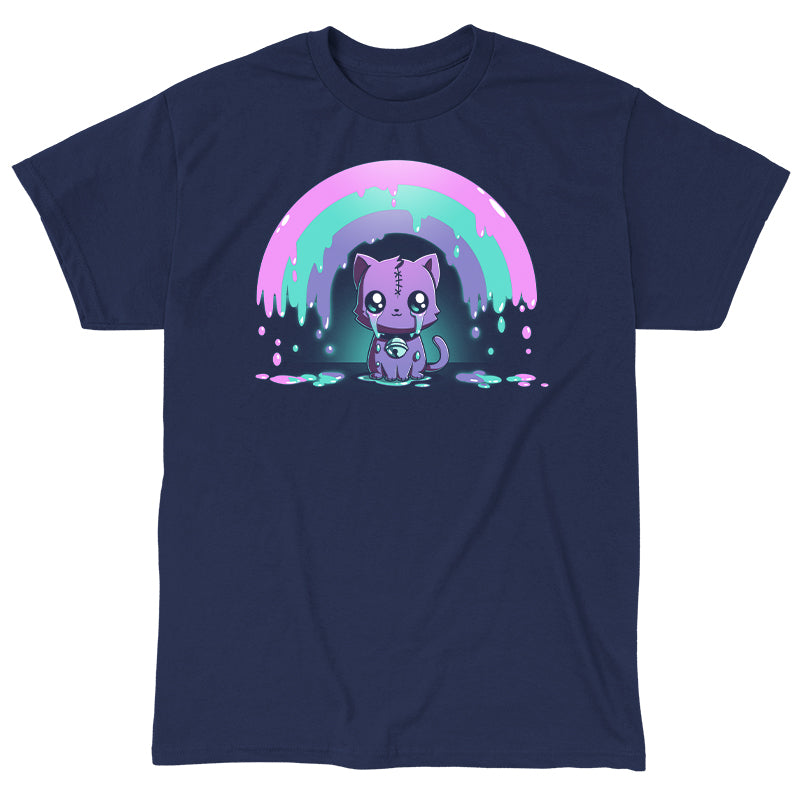 Classic Cotton T-shirt_TeeTurtle Rainbow Crying Cat navy blue t-shirt featuring a cute purple cat with large eyes and a spooky stitched forehead, sitting under a dripping pink, green, and purple rainbow.