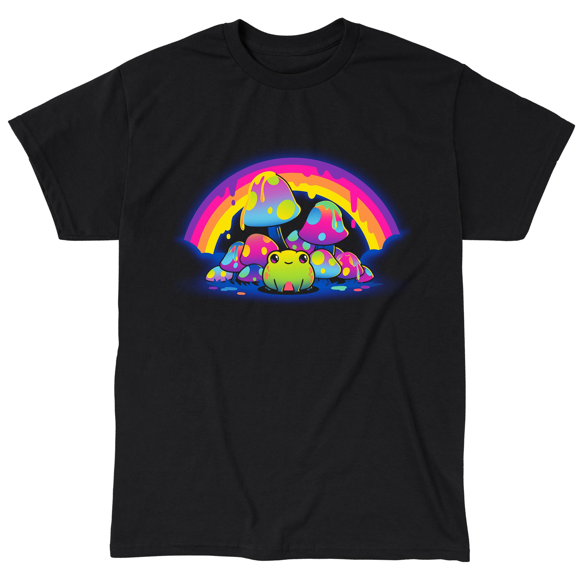 Classic Cotton T-shirt_TeeTurtle Rainbow Drip black t-shirt featuring a smiling frog sitting among colorful, spotted mushrooms with a dripping rainbow arching overhead.