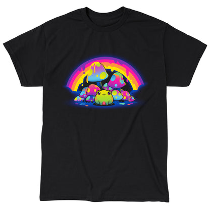 Classic Cotton T-shirt_TeeTurtle Rainbow Drip black t-shirt featuring a smiling frog sitting among colorful, spotted mushrooms with a dripping rainbow arching overhead.