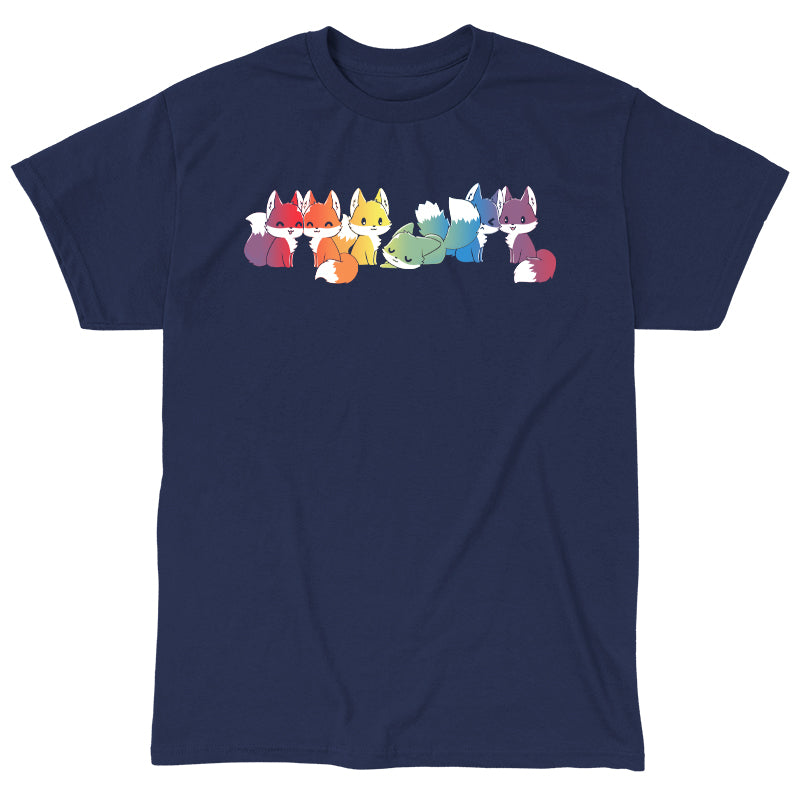 Classic Cotton T-shirt_Illustration of seven cartoon foxes in a line, each in a different color: red, orange, yellow, green, blue, indigo, and purple against a dark background on a Navy Blue apparel from monsterdigital's Rainbow Foxes collection.