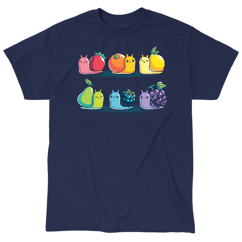 Classic Cotton T-shirt_TeeTurtle Rainbow Fruit Snails navy blue t-shirt featuring six colorful rainbow fruit snails with fruit shells: strawberry, orange, lemon, pear, blackberry, and grape.