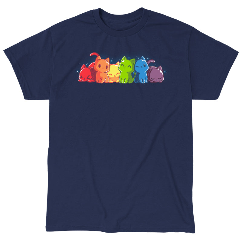 Classic Cotton T-shirt_TeeTurtle navy blue Rainbow Kitties. Featuring a row of kittens in a rainbow color sequence.