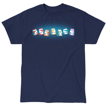 Classic Cotton T-shirt_TeeTurtle rainbow milk navy blue T-shirt featuring A row of six milk cartons, each with a different facial expression and color.